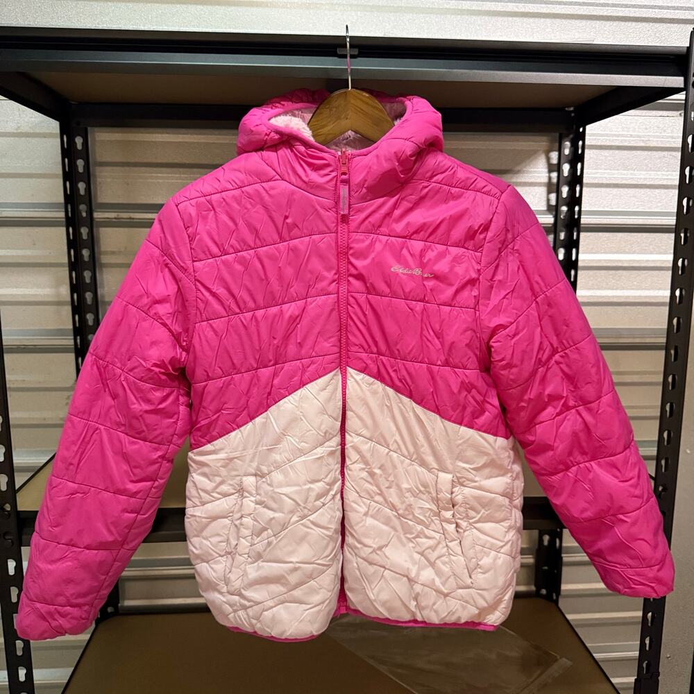 Eddie Bauer Pink Colorblock Puffer Coat Girls Hooded Winter Jacket